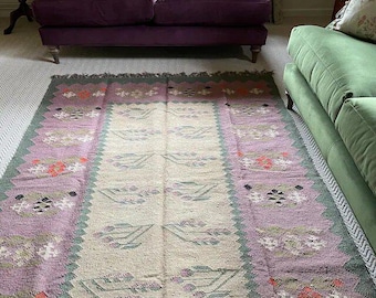Handmade Wool Jute Kilim Rug, Handwoven Wool Jute Rug, Floral Design Rug, Flatweave Rug, Bohemian Rug, Indian Dhurrie Rug, Custom Size Rug