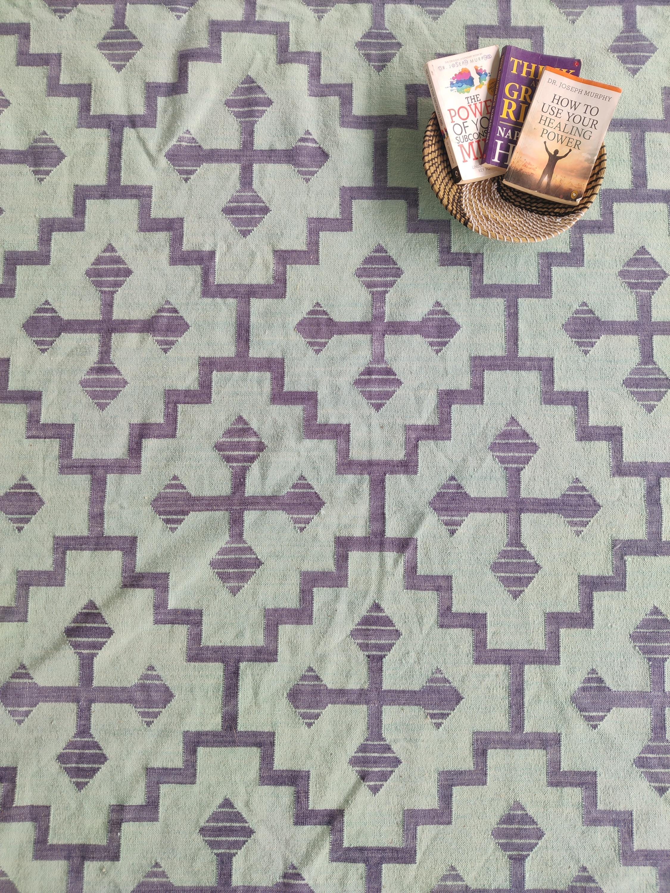 Alfombra geométrica de algodón Dhurrie, tejida a mano en azul menta, de tejido plano, grande, moderna y reversible, para sala de estar, ligera, 2,44 x 3 m