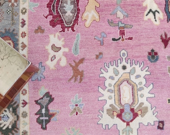 Hand Knotted Pink Oushak with Wool Oriental Carpet, Area Modern Oushak Design Rug, Traditional Turkish Vintage Oushak Carpet, 8X10 FT Wool