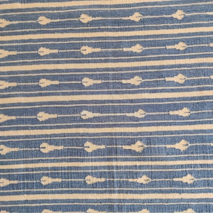 Op de afbeelding: Een close-up van een blauw-wit gestreepte stof met een herhalend patroon van kleine witte druppelvormen.