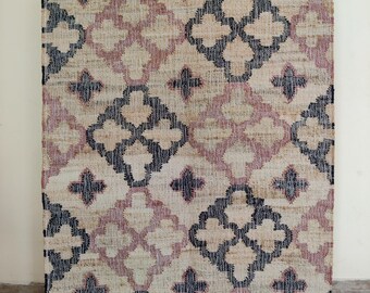 Cotton Jute Rug with Flower, Natural Jute Hand Woven  Boho Style Rug, Traditional Runner Rug, Living And Porch Area Rug, 8x10 FT Rug