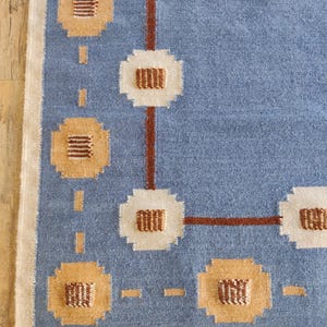 Geometric Border Rug Blue Wool Area Geometric Border Design Rug, Bohemian Wool Minimalist ...