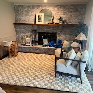 Premium Modern Home Decor - Beige & White Checkerboard, Moroccan Rug Large, Custom Personalized Wool Carpet  Premium Wool Rug, 8x10 FT