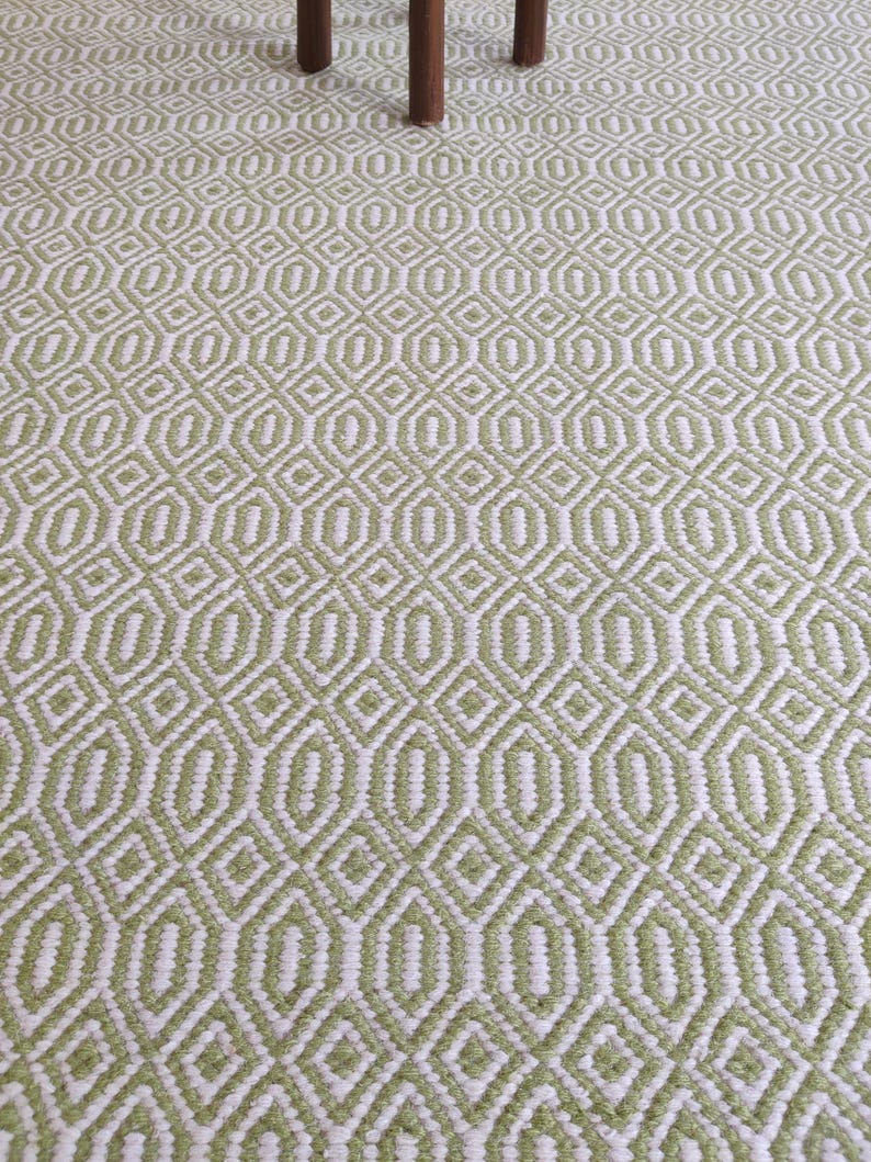 Green Wool Handloom Rug,  Diamond Geometric Pattern | Living Room Wool Area Rug | Handmade Flatweave Carpet | Boho Home Decor Wool Rug 8x10