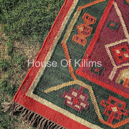 Kilim Area Rug, Green And Orange Color Rug, Bohemian Accent Carpet, 5x8 Ft, 10x14 Ft shops Carpet