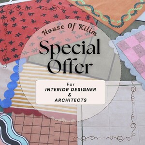 May include: An assortment of colorful rugs with various patterns and textures. The image features a red rug with black floral designs, a pink rug with a checkered pattern, and a beige rug with a striped pattern. Text reads "House of Kilim Special Offer For Interior Designer & Architects."