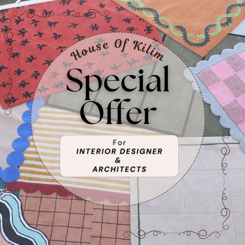 May include: An assortment of colorful rugs with various patterns and textures. The image features a red rug with black floral designs, a pink rug with a checkered pattern, and a beige rug with a striped pattern. Text reads "House of Kilim Special Offer For Interior Designer & Architects."