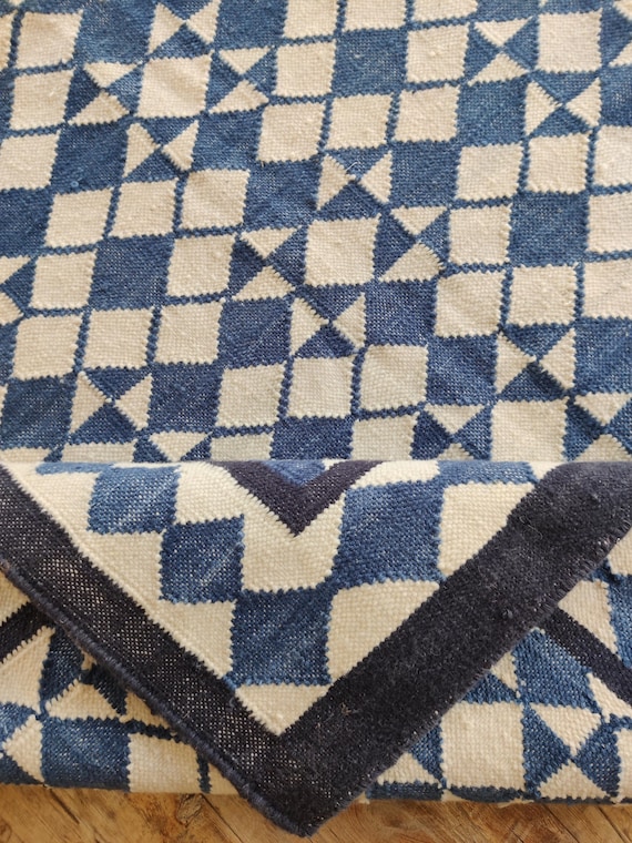 Handwoven Cotton Wool Rug | Blue White Geometric Flatweave Wool Rug, Modern Handmade Area Rug for Living Room or Bedroom Rug, Diamond Rug