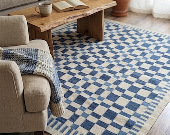 Nordischer Flachgewebe Teppich, Flachgewebe Teppich, Blauer Karierter Teppich Handgewebter Wollteppich, Kilim, Flachgewebe Teppich in Benutzerdefinierten Größen