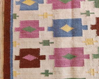 Handwoven Wool Rug, Multicolor Geometric Area Rug for Living Room, Bedroom & Hallway, Durable Boho Style Carpet, Custom Durable Decor Rug