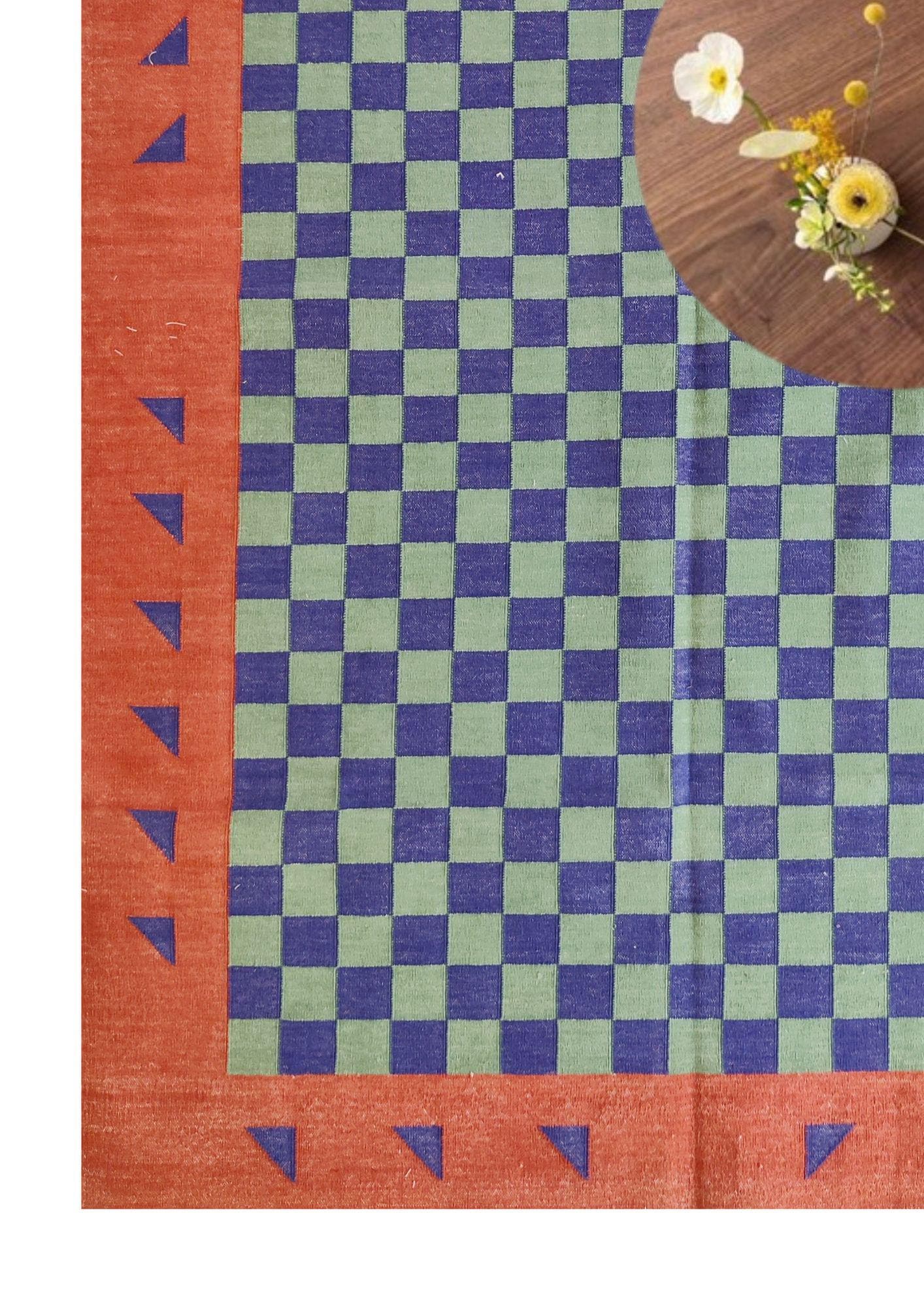 Tappeto a quadri blu, tappeto a trama piatta, tappeto in cotone, tappeto tessuto a mano 6x9, tappeti per soggiorno, tappeto personalizzato, tappeto da pavimento, tappeto da corridoio, tappeto a quadri