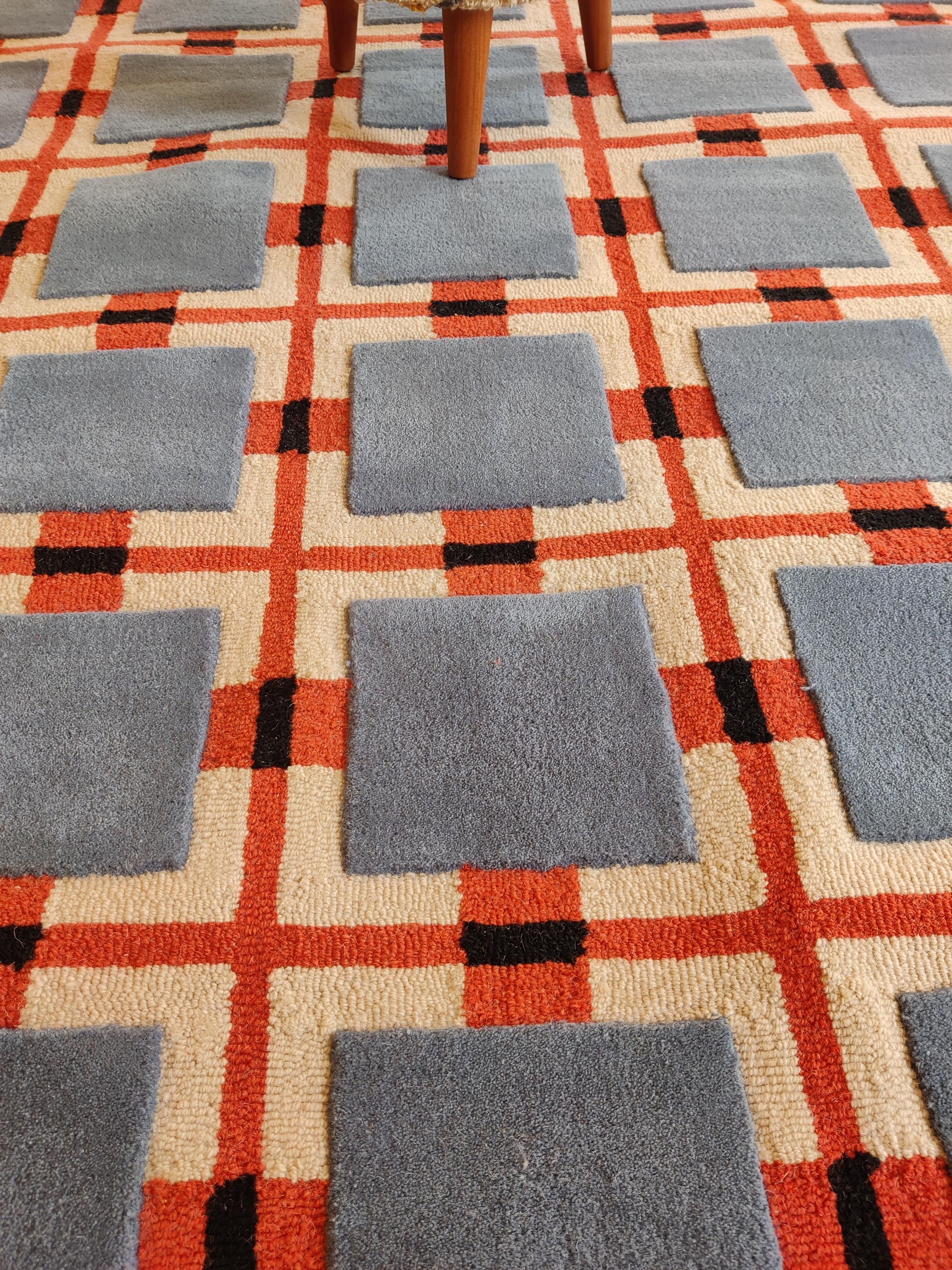 ハンドタフテッドウールラグ、幾何学模様のミッドセンチュリーモダン