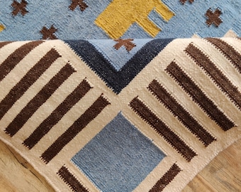 Handgeknüpfter Woll-Kelims, blau-senfgelb, geometrisches Muster, modernes Flachgewebe für Wohnzimmer, nordischer Boho-Teppich