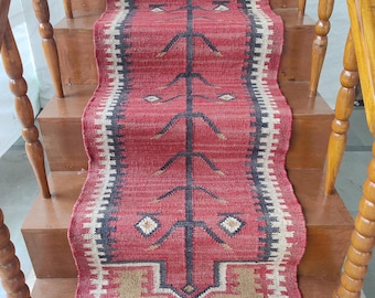 Tappeto Kilim in stile vintage, tappeto passatoia in juta per scale, tappeto passatoia tessuto a mano, tappeto Kilim, rosso con bordo geometrico, 2 x 15 piedi