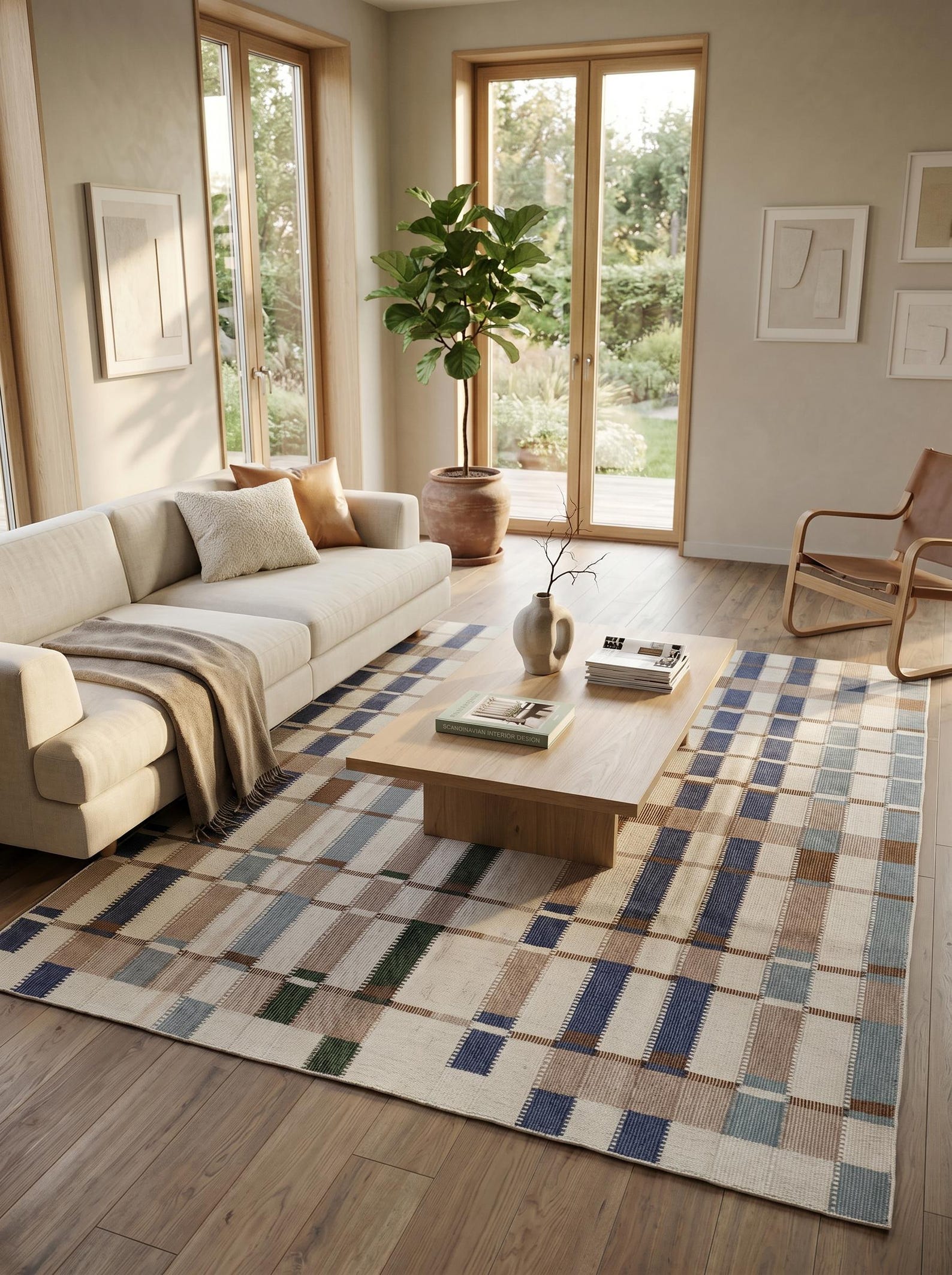 Handwoven Wool Checkered, Neutral Plaid Grid Area Rug, Blue Green Brown ...