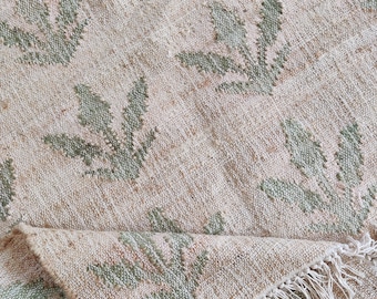 Handwoven Jute Rug, Natural Jute Green Flower Cotton Jute Rug, Large Floor Area Kilim Dhurrie, Organic Jute Rug, Boho Home Decor 6X9 FT Gift