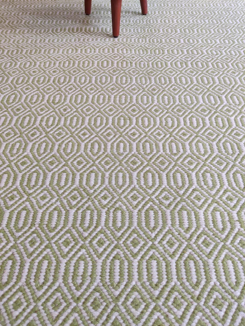 Green Wool Handloom Rug,  Diamond Geometric Pattern | Living Room Wool Area Rug | Handmade Flatweave Carpet | Boho Home Decor Wool Rug 8x10