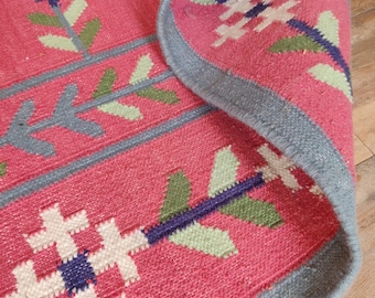 Traditional Scandinavian Wool Rug, Handwoven Flatweave Kilim, Modern Wool Pink Geometric Design, 5x8, 8x10, 9x12 FT