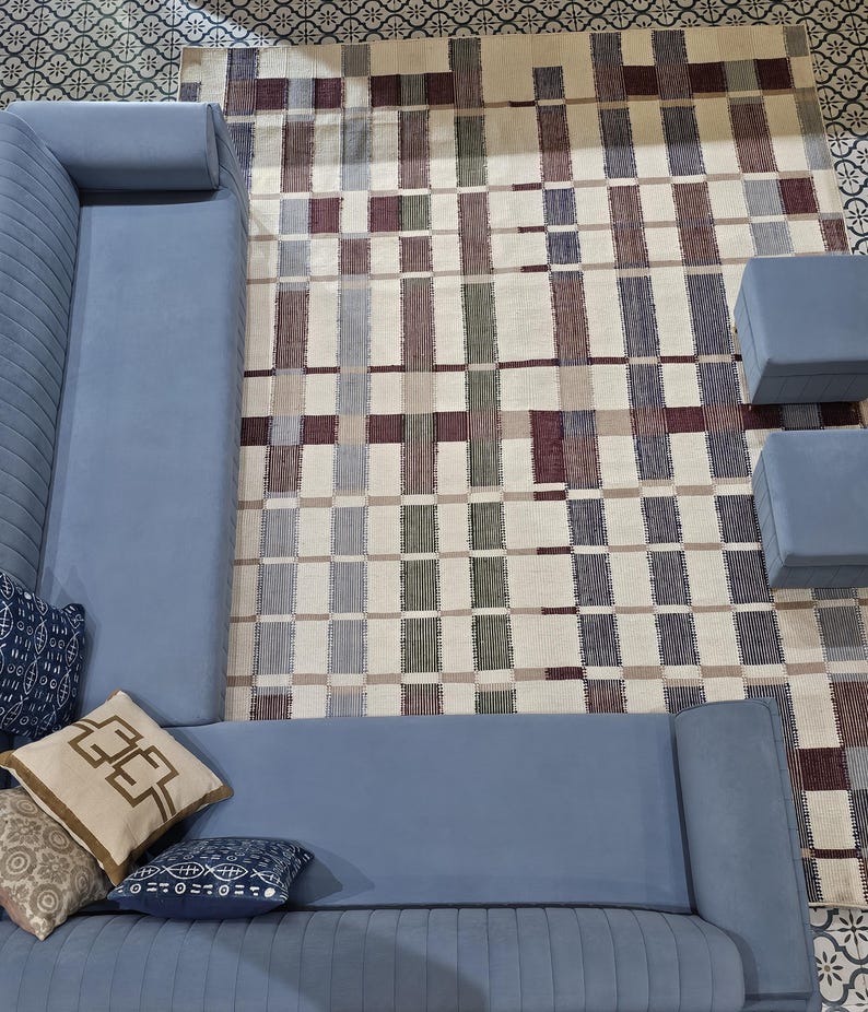 Handwoven Checkered Rug, Marli Flatweave Wool Rug, Modern Woolen Plaid Area Rug, Rugs For Living Room, Wool Rug 8x10, Check Rug, 6x8, 5x8 FT