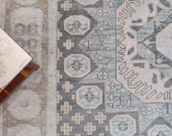 Grey Hand-Knotted Oushak Rug, light Green Ivory Area Rug, Hallway, Living Room Bedroom Area Carpet, Oushak 8X10 Rug, Classic Turkish Rug