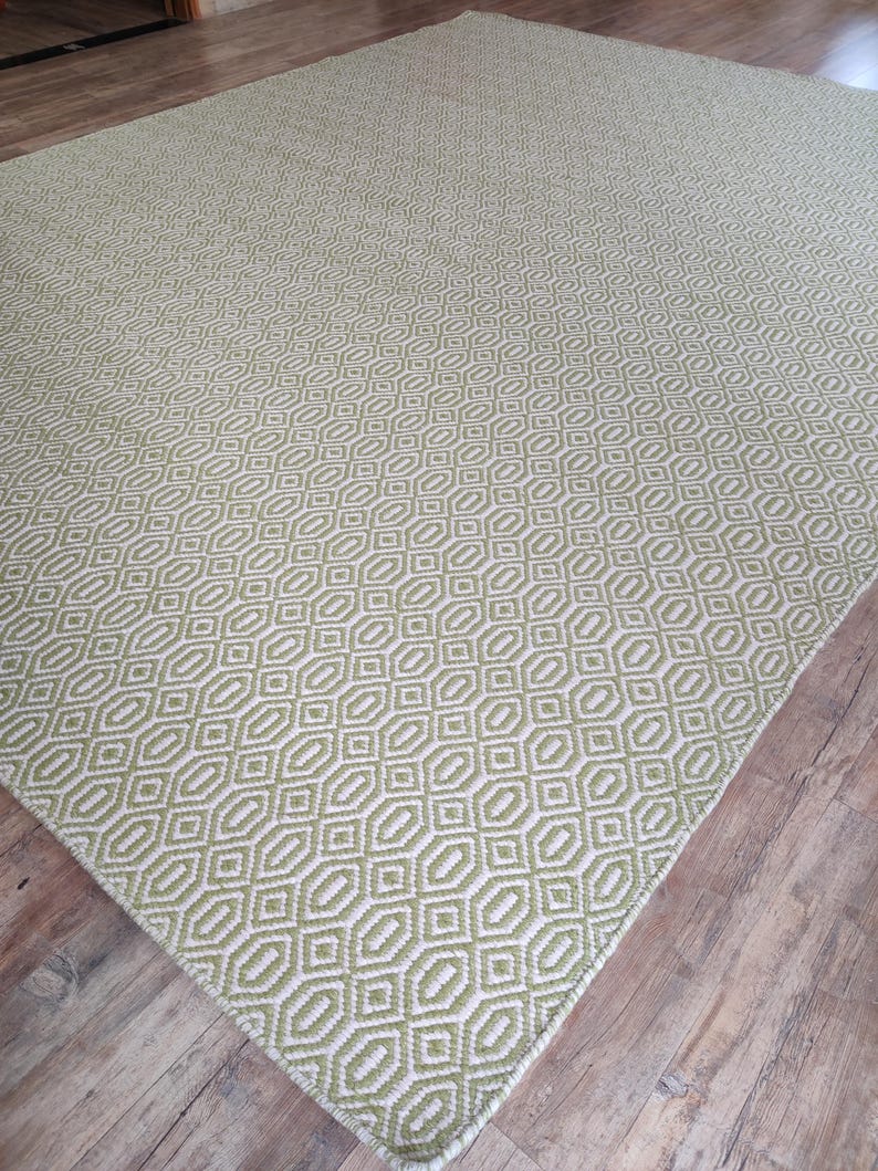 Green Wool Handloom Rug,  Diamond Geometric Pattern | Living Room Wool Area Rug | Handmade Flatweave Carpet | Boho Home Decor Wool Rug 8x10