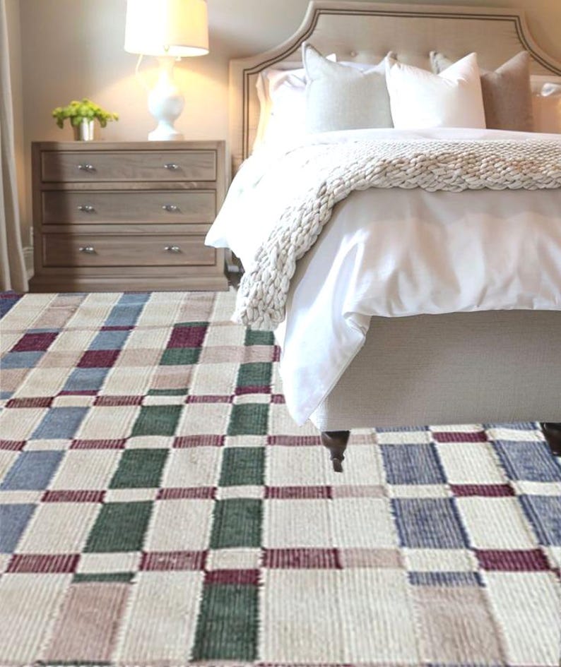 Handwoven Checkered Rug, Marli Flatweave Wool Rug, Modern Woolen Plaid Area Rug, Rugs For Living Room, Wool Rug 8x10, Check Rug, 6x8, 5x8 FT