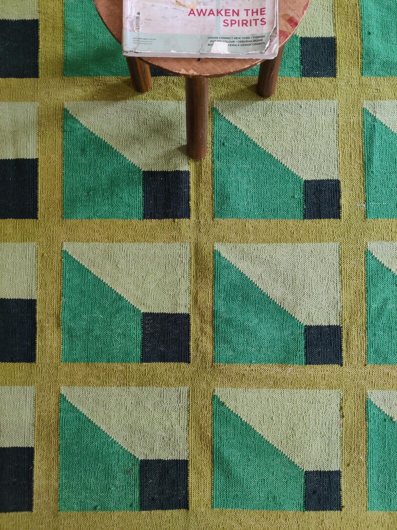 Checkered Rug, Cotton Flatwoven Rug, Handwoven Modern Geometric Green ...