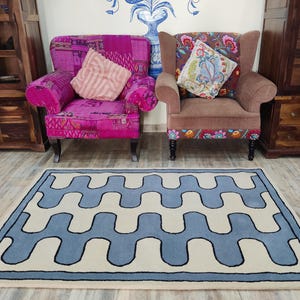 8X10 Ft Blue And White Color Hand-tufted Carpet, Carpets For Drawing Room, Handmade Rug, Bohemian Carpet, Custom Rugs, Designer Carpets image 2
