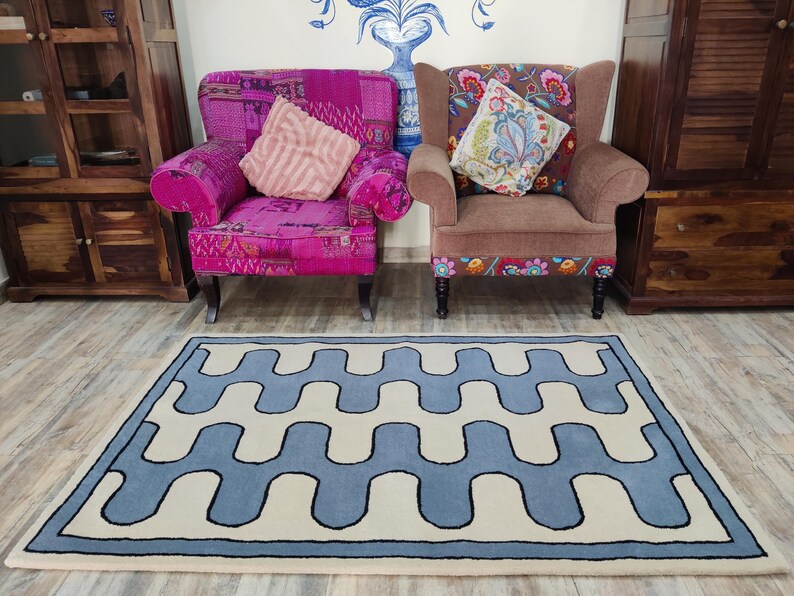 8X10 Ft Blue And White Color Hand-tufted Carpet, Carpets For Drawing Room, Handmade Rug, Bohemian Carpet, Custom Rugs, Designer Carpets image 2