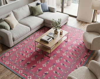 Handwoven Wool Kilim Rug, Modern Pink Geometric Flatweave, Scandinavian Style Flooring