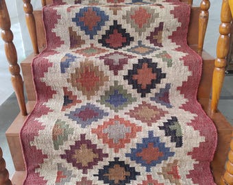 Handwoven Kilim Runner Rug, Multicolor Tribal Diamond Pattern, Rustic Wool Jute Runner,  Home Decor Step Area Rug, 2X12 FT Kilim Jute Runner