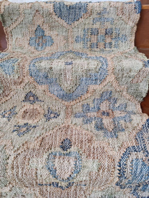 Vintage Inspired Handwoven Runner Rug, Muted Blue, Beige & Sage Green Pattern, Persian design runner, Entryway Jute Runner Rug