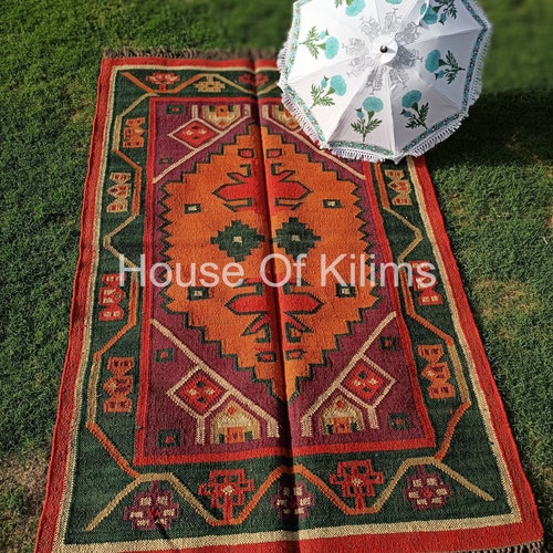 Kilim Area Rug, Green And Orange Color Rug, Bohemian Accent Carpet, 5x8 Ft, 10x14 Ft shops Carpet