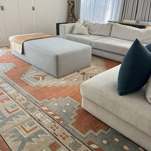 Rust orange and slate grey Turkish Oushak carpet with tribal geometric pattern, southwest boho and farmhouse style hand knotted wool area rug