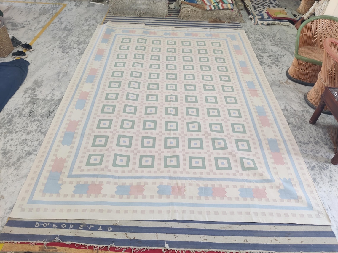 Checkered Flatweave Rug, Handwoven Cotton Flatweave Dhurrie, Pastel ...