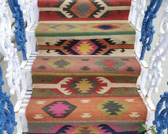2x12 FT Stair Kilim Runner Rug Handwoven Wool And Jute Runner, Vibrant Multicolor Geometric Runner, Customize Runner, Multicolor Jute Runner