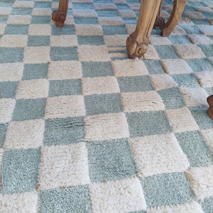 Custom Wool Moroccan Checkered Area Rug, Home Decor Blue And White Checkerboard Wool Rug For Home And Living, Oversized Check Mat For Indoor