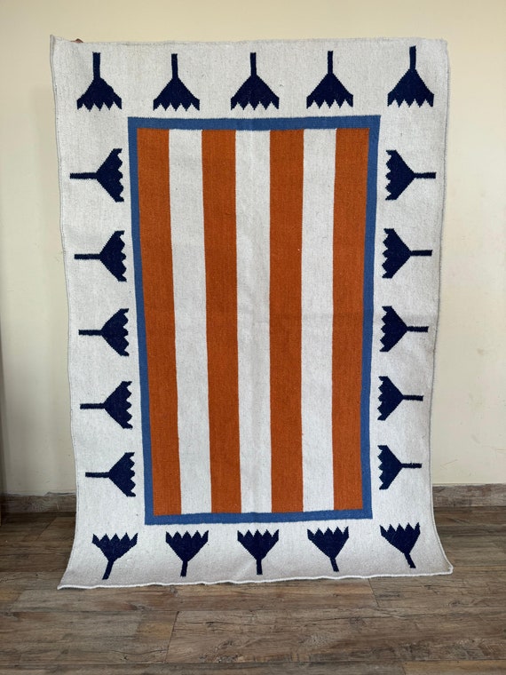 Handwoven Cotton Wool Rug, Stripe Pattern Rug, Panja Dhurrie Rug, Indoor rugs, Area Rugs, Bohemian Rug, Living Room Rug