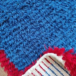 Może przedstawiać: Niebieski dywan typu shag z czerwonym obramowaniem i frędzlami. Spód dywanu jest biały z czerwonymi i niebieskimi paskami. Dywan ma gruby, teksturowany włos.