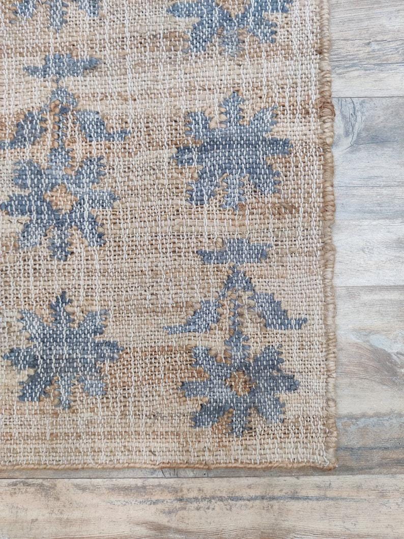8x10 FT Floral Pattern Rug, Cotton Jute Rug, Earthy Tone Rug, Natural