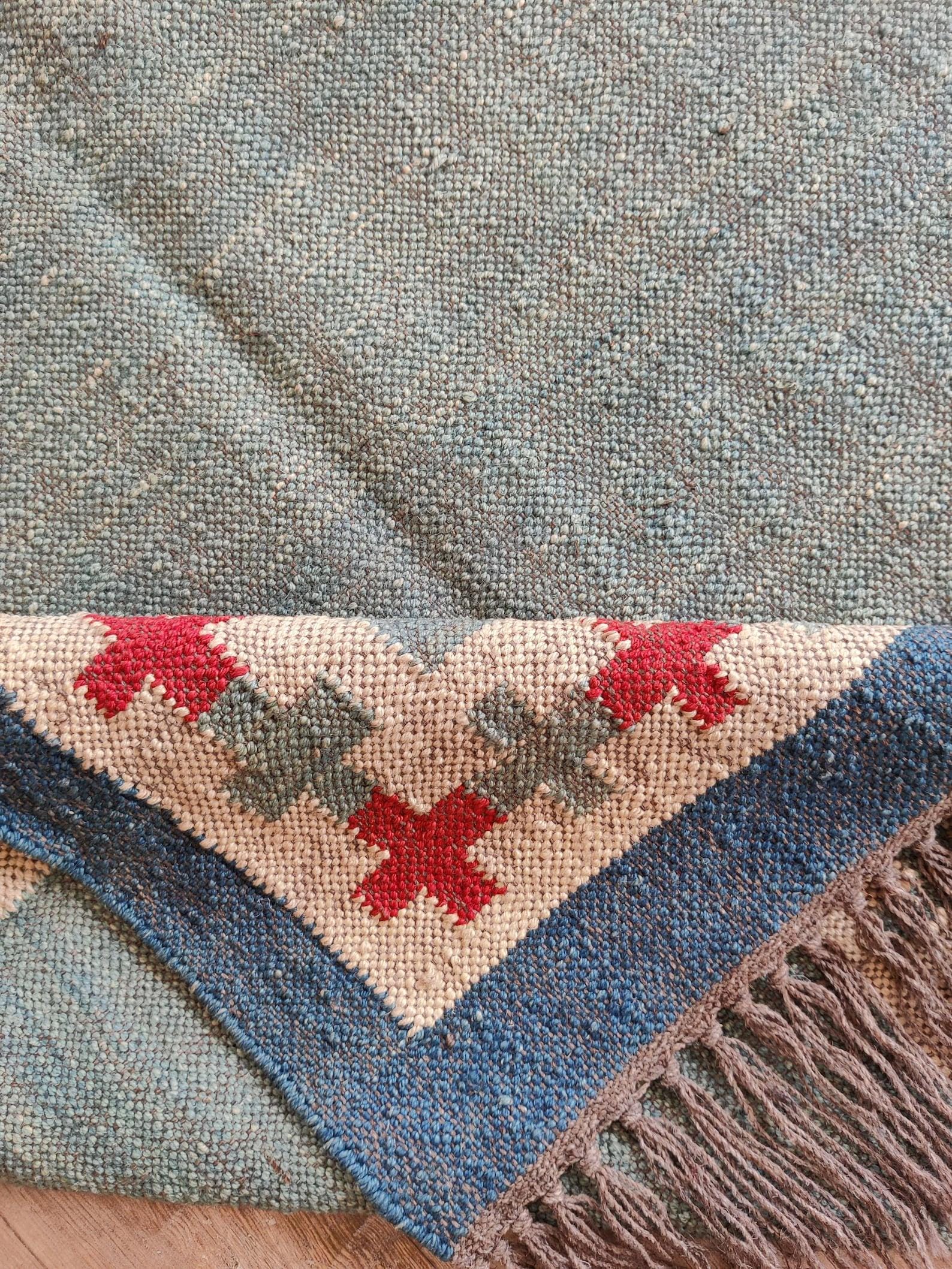 Modern Wool Jute Kilim Rug, Blue Flatweave Dhurrie, Boho Area Rug for Living Room, Entryway or Bedroom Decor Traditional Area Rug