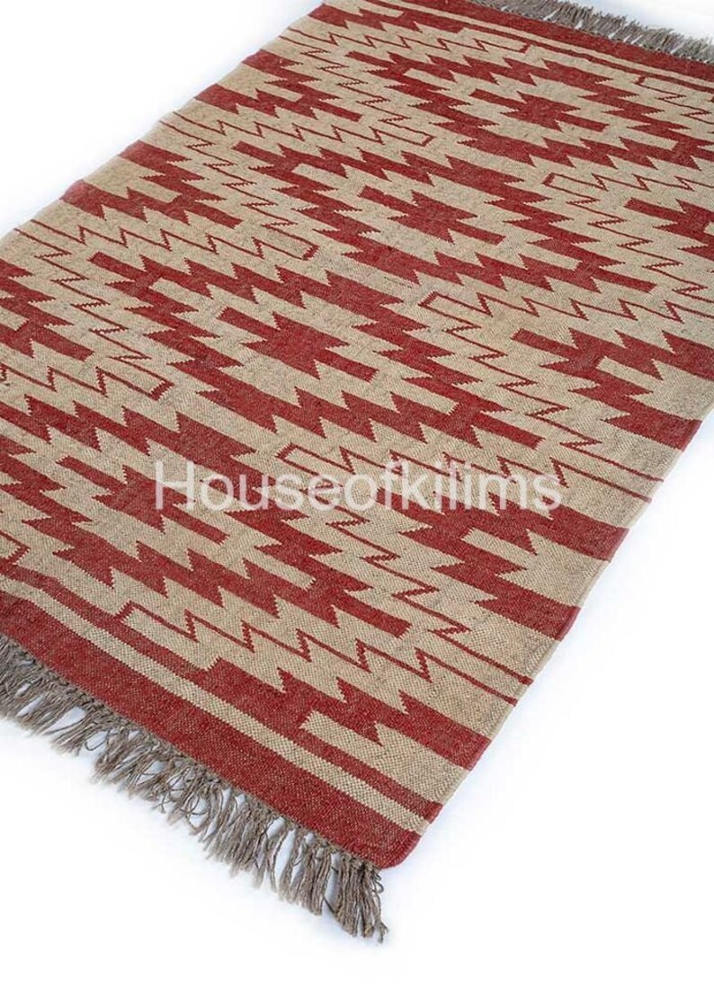 Red And White Wool Jute Rug, Geomatric Rug, Home Decor handmade carpet -  Floor & Rugs