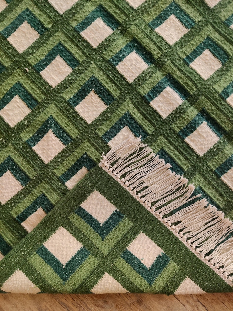 Modern Wool Rug, Luxury Wool Area Rug, Green Scandinavian Design Rug, Checkered Rug, Handwoven Flatweave Kilim Rug, 8X10 FT Wool Rug
