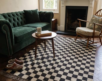 Checker Jute Kilim Rug, Wool Jute Checkered Area Rug, Large Bohemian Carpet, Flatweave Home Decor, Custom Eco-Friendly Rug