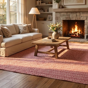 May include: A cozy living room scene featuring a beige sofa with patterned pillows, a wooden coffee table, and a red rug. A fireplace with a burning fire and two leather armchairs complete the warm, inviting space. A potted plant adds a touch of nature.