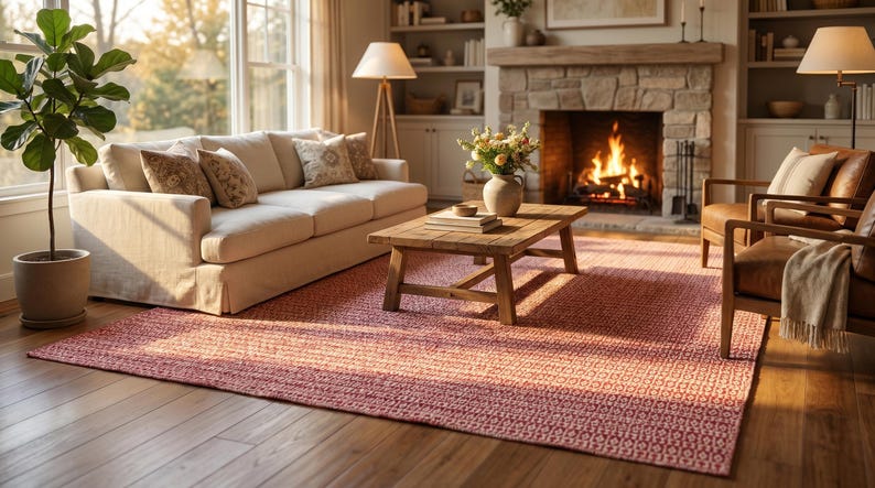 May include: A cozy living room scene featuring a beige sofa with patterned pillows, a wooden coffee table, and a red rug. A fireplace with a burning fire and two leather armchairs complete the warm, inviting space. A potted plant adds a touch of nature.