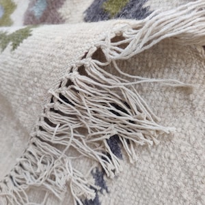 May include: Close-up of a white rug with a fringe border. The rug has a geometric pattern in shades of gray, green, and brown.