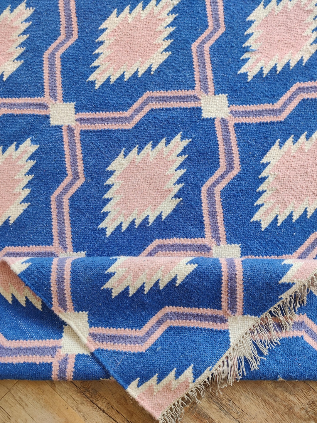 Handwoven Blue and Pink Geometric Rug...