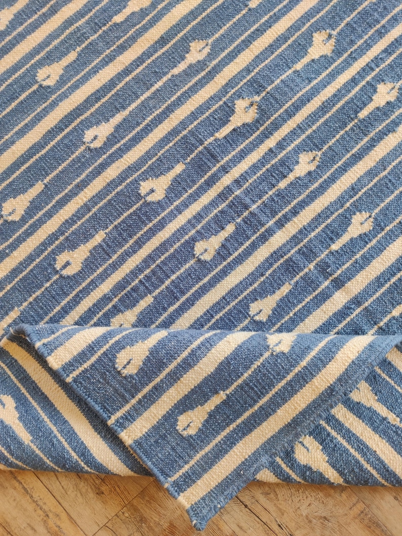 Handwoven Modern Flatweave Area Rug, Cotton Wool Blue And White Handmade Rug, Indoor and Outdoor Rug, 8X10 Kilim Woven Rug, Reversible Rug, Wool Runner