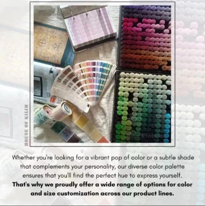 May include: A close-up of color swatches and samples for rugs. The swatches are arranged in a rainbow pattern, with a variety of colors and textures. The text "HOUSE OF KILIM" is visible in the image.